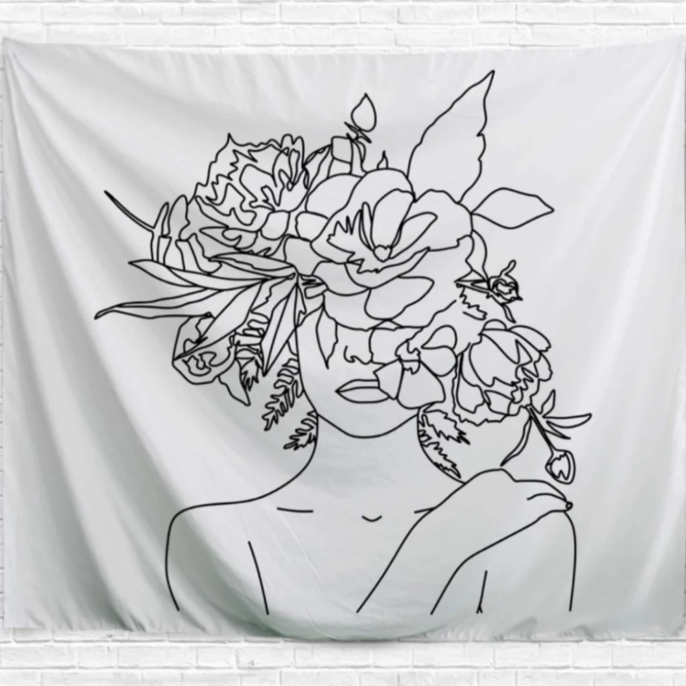 NWT Black & White Floral Woman Line Art Tapestry